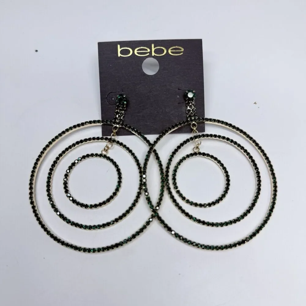 bebe Gold Tone Triple Row Emerald Green Rhinestone Hoop Dangle Earrings New